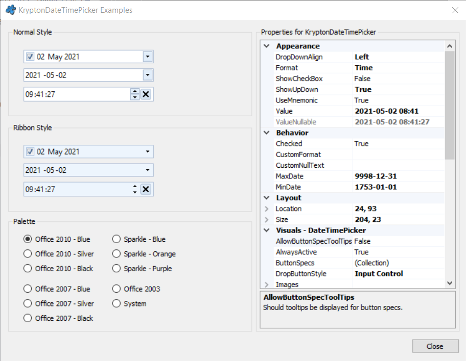 KryptonDateTimePicker 示例截图